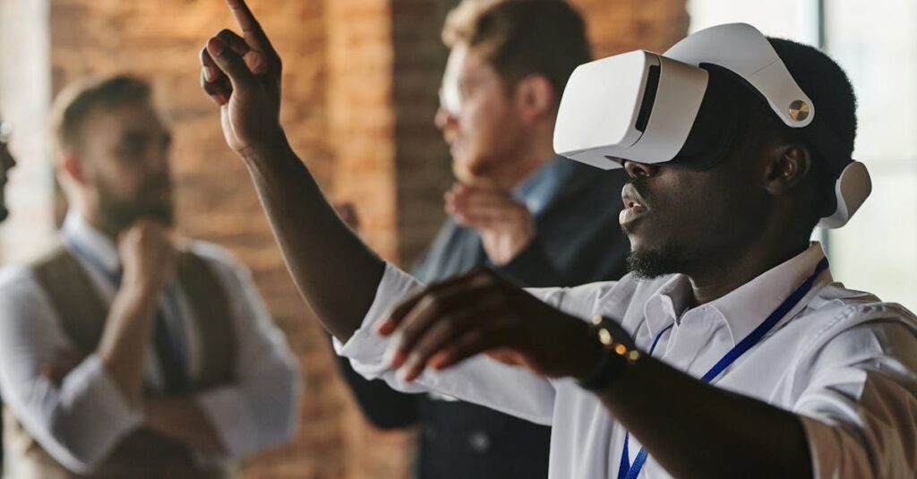 African American man using VR headset in a business meeting with colleagues in the background.